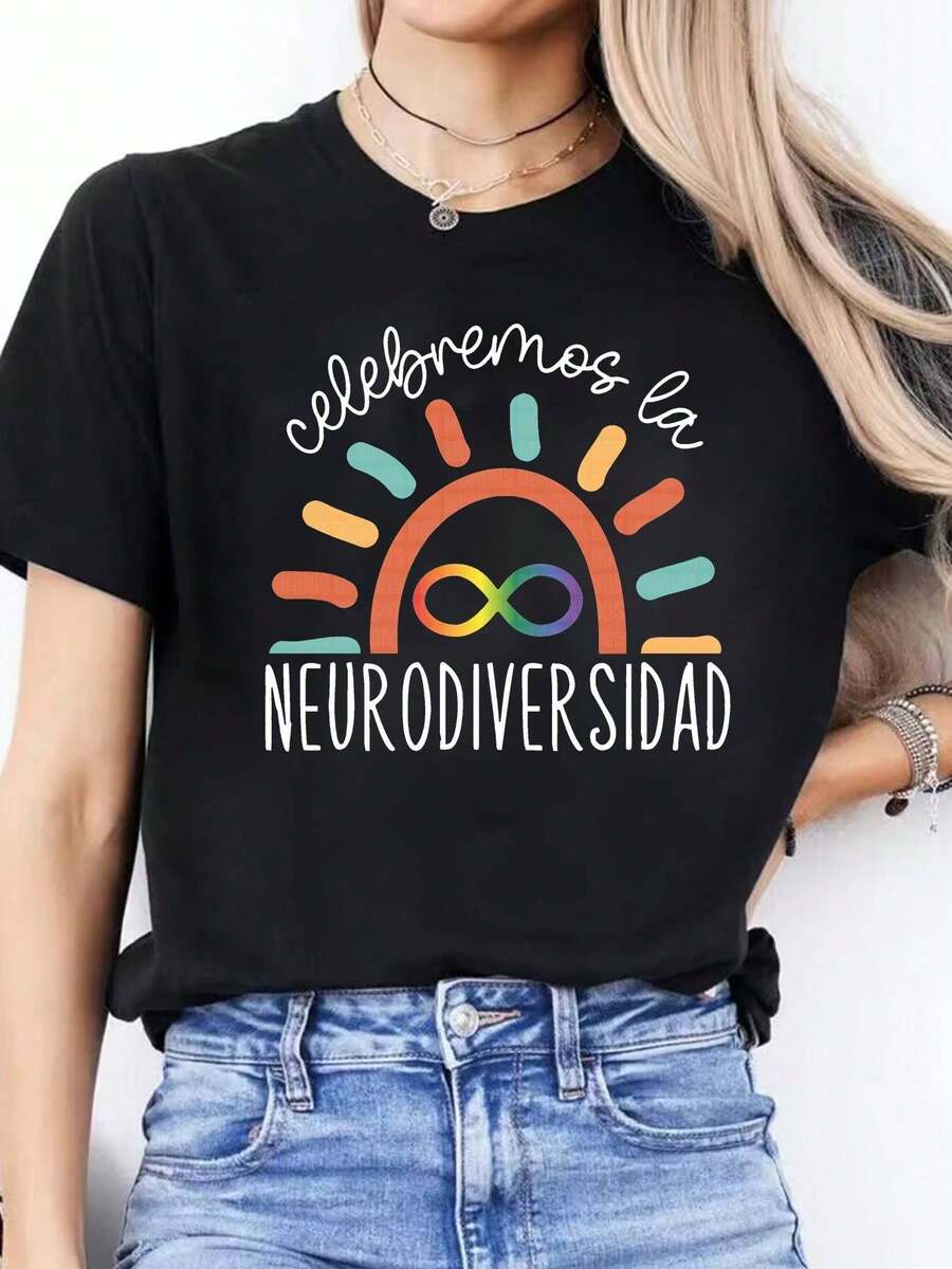 Women's Casual Short Sleeve T-Shirt - Spanish Letter Print Celebrating Neurodiversity And Colorful Sunbeam Design, Round Neck In Light Lilac, Spring/Summer Top, Medium Elasticity, Machine Washable, Ladies' T-Shirts, Casual Wear | Fun Graphic Tee | Non-See-Through Fabric - 黑色 - 查看 1