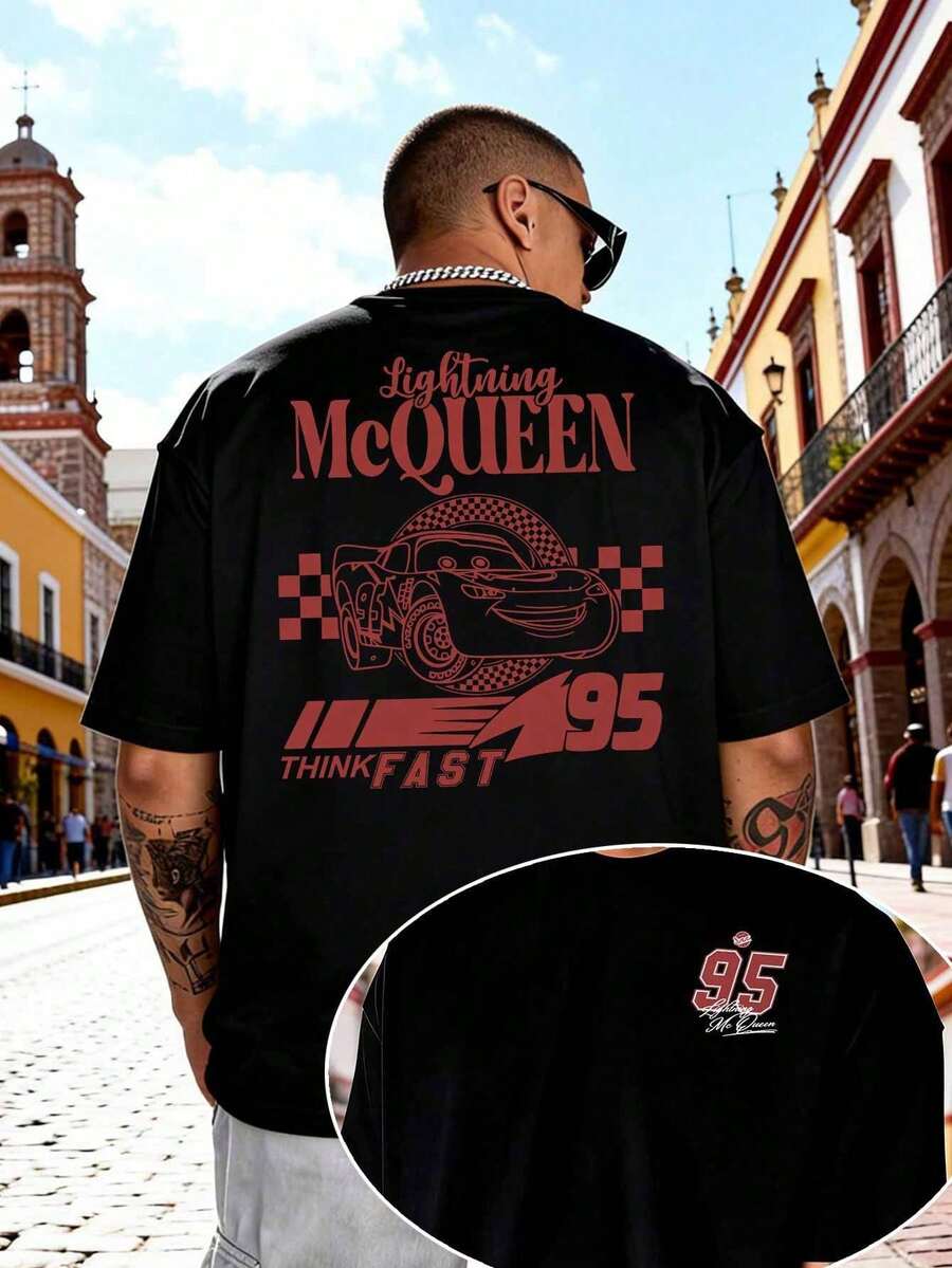 Disney Men's T-Shirt Featuring Lightning McQueen From Cars, A Casual, Loose-Fitting Crew Neck Short-Sleeved Top, Comfortable, Soft, And Breathable, Suitable For Everyday Wear, Outings, Commuting, And Parties. - Black - View 1