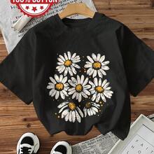Women's Casual Short Sleeve Crew Neck T-Shirt - Floral Print Of Black Daisies With White And Yellow Flowers, Machine Washable, Comfortable Fit For All Seasons, Summer Top, Scalloped Neck, Non-See-Through Fabric - 黑色 - 查看 1