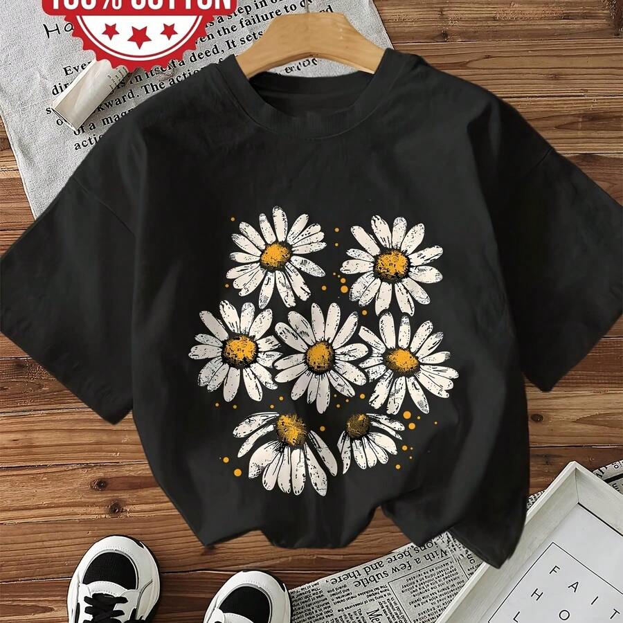 Women's Casual Short Sleeve Crew Neck T-Shirt - Floral Print Of Black Daisies With White And Yellow Flowers, Machine Washable, Comfortable Fit For All Seasons, Summer Top, Scalloped Neck, Non-See-Through Fabric - 黑色 - 查看 1