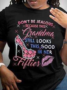 Polyester Women's Casual Round Neck Short Sleeve T-Shirt, Don't Be Jealous Grandma Still Looks Good In Her Fifties Print, Regular Fit, All Seasons, Fashion Top - 黑色 - 查看 1