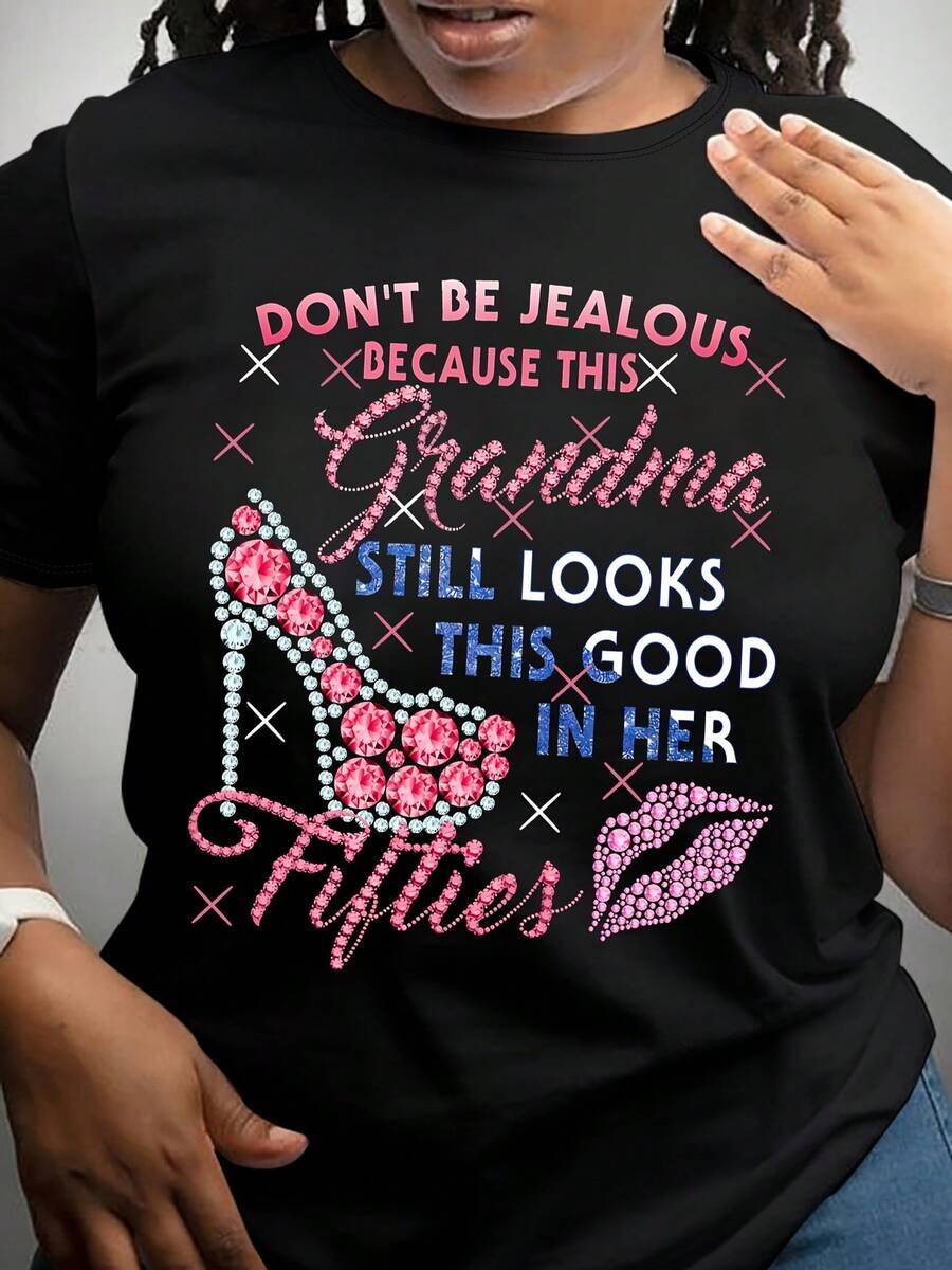 Polyester Women's Casual Round Neck Short Sleeve T-Shirt, Don't Be Jealous Grandma Still Looks Good In Her Fifties Print, Regular Fit, All Seasons, Fashion Top - 黑色 - 查看 1