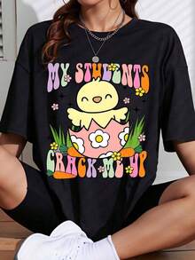My Students Make Me Laugh Teacher T-Shirt With Easter Chick, Funny Spring Cartoon T-Shirt For Women, Gift For Teachers, Easter Holiday Clothes, Blouses For Women - 黑色 - 查看 7