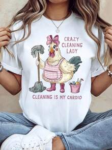 CRAZY CLEANING LADY MY CARDIO CLEANING Crazy Cleaning Lady Women's Casual Short Sleeve Crew Neck T-Shirt, Cartoon Hen Print, For Spring/Autumn, Daily Wear, Daily Outing, Holiday Gift - Unisex Loose Fit Cotton Short Sleeve Crew Neck T-Shirt, Urban Vintage Style - 白色 - 查看 1