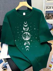 Plus Size Women's Moon And Star Print Crew Neck T-Shirt. Suitable For Summer Vacation Outfits, Casual Wear, Street Style; Mother's Day Gift; Gift For Mom; Short Sleeve Top For Graduation; Back To School Outfit; Graduation Ceremony; Summer Outfit For Teachers. Suitable For Daily Wear, Suburbia, Festivals, Beaches, Parties, School, Music Festivals, Vacations, Commuting, And Other Occasions. Essential Black Short Sleeve T-Shirt - 深綠色 - 查看 1