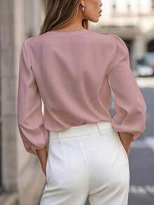Blusa de mujer de unicolor con cuello en V y manga larga, elegante y esencial para el trayecto de primavera - Rosa - Ver 3