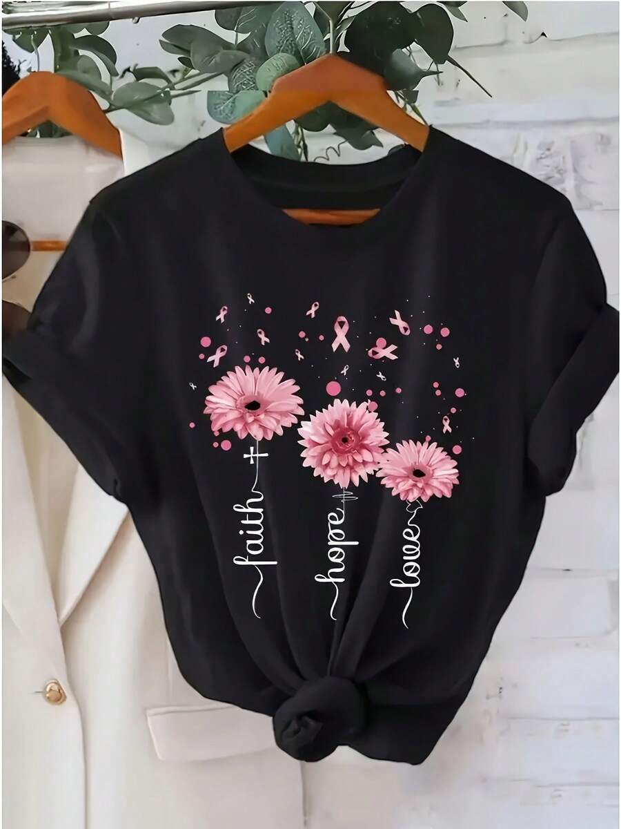 Women's Round Neck T-Shirt With Pink Floral Print And "Faith Hope Love" Lettering, Inspirational Casual Short Sleeve Style, Regular Fit, Soft, Fashionable For Summer - 黑色 - 查看 1