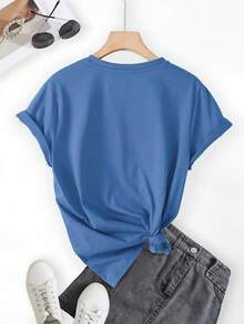 Women's Summer T-Shirt - Sparkling Cherry Design In Emerald Green, Loose Round Neck, Casual Top For Everyday Wear, Suitable For Parties And Outings - Machine Washable, Spring/Summer Style, Comfortable Fabric, Short Sleeve T-Shirt With Modern Print, Soft Texture, Fashionable Summer Clothing, Spring/Summer Garment - 藍色 - 查看 2