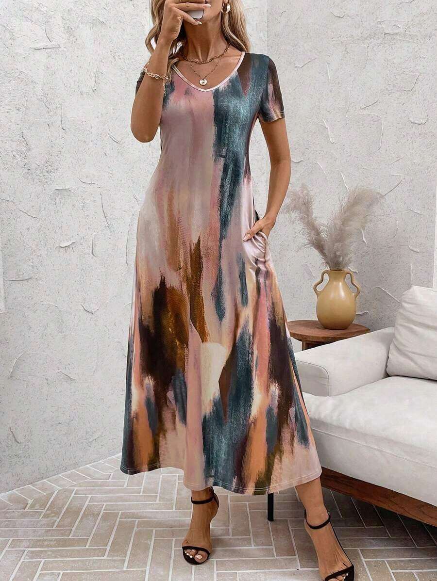 Vestido unicolor con bolsillo oculto escote V - Rosa - Ver 1