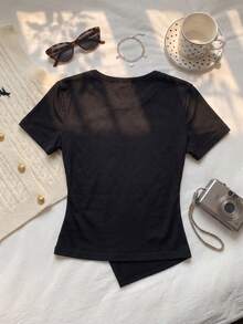 Summer New Asymmetrical Design Minimalist Casual Round Neck Short Sleeve Ruched T-Shirt, Versatile And Fashionable Blouse For Women - Black - View 4