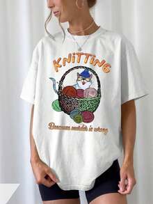 Women's Casual Short-Sleeved Knit T-Shirt With A Cute Cat And Yarn Basket Design - Perfect For Animal Lovers, Suitable For Everyday Wear And As A Gift. | Fun Print | Comfortable And Well-Fitting T-Shirt, Cute For Summer. - 白色 - 查看 1