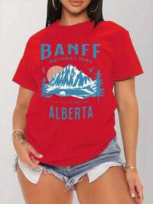 Women's 100% Cotton Loose Fit T-Shirt - Banff National Park, Alberta Scenic Print With Mountains, Pine Trees And Wildlife, Breathable And Casual For Summer, Outdoor Activities And Everyday Wear, Machine Washable, Perfect Gift With Local Delivery, Summer Wardrobe, Short Sleeve T-Shirt, Comfortable Fabric, Versatile Top, Nature Inspired Design, Soft Material, Printed T-Shirt, Short Sleeve T-Shirt For Nature Lovers. - 紅色 - 查看 6