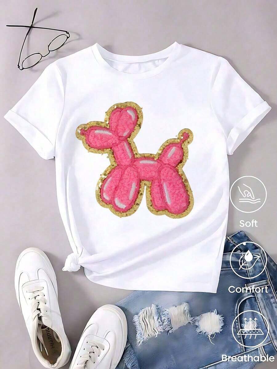 PremiumPlayera Negra de Mujer con Perro de Globo Rosa Brillante, Camiseta Aesthetic de Pop Art con Estampado de Animal, Top Moderno de Verano, Blusa Casual Divertida de Moda Eco-Friendly - Blanco - Ver 1