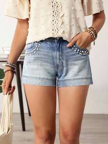 Shorts vaqueros casuales de mujer con decoración de perlas sintéticas - Azul - Ver 6