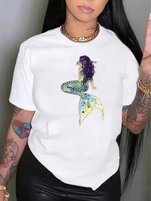Women's Casual Short Sleeve Sports T-Shirt - Sparkling Mermaid Print, Elastic Crew Neck Design, Machine Washable For All Seasons Comfort, Medium Fit, Fun And Fashionable. - Putih - View 1