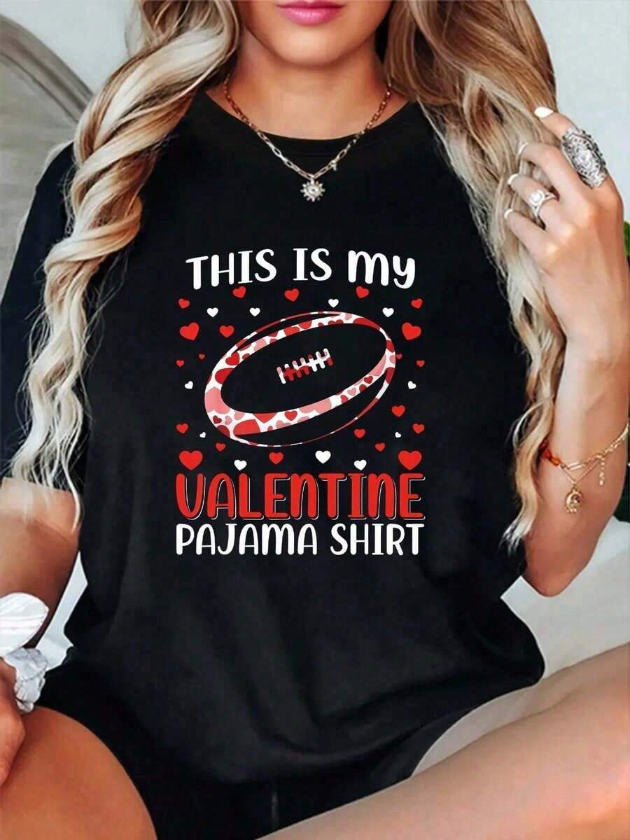 Women's Cotton Rugby Print Valentine's Day T-Shirt, Crew Neck, Short Sleeve, Casual Summer Blouse - 黑色 - 查看 1