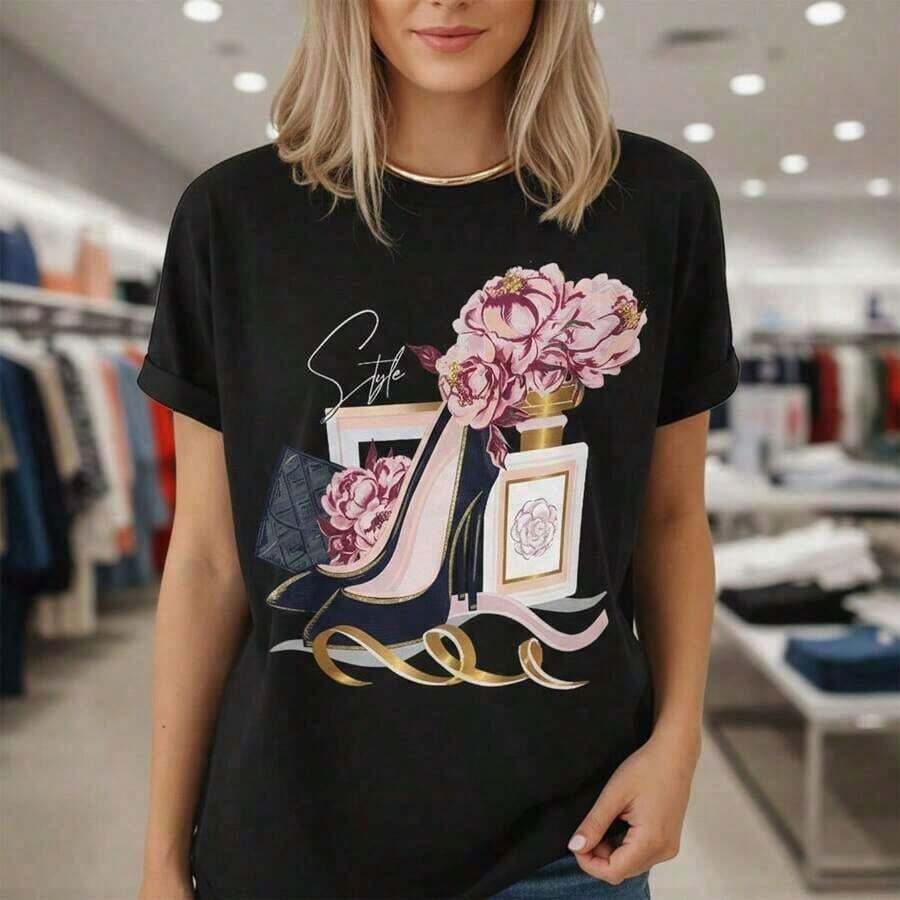 1 Piece Of Women's Pure Cotton T-Shirt, Elegant High Heels And Peony Print, Round Neck, Short Sleeve, Casual Loose Fit, Sizes S-5XL, Fashionable Graphic T-Shirt For Daily Wear, Soft And Comfortable Fabric, Top Design 180g 100% Soft Cotton. - 黑色 - 查看 1