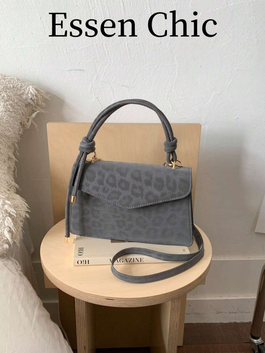 1 buah Tas Tangan Persegi PU Motif Leopard Abu-abu, Tas Tote Musim Panas Baru untuk Wanita, Tas Bahu & Selempang - Grey - View 1