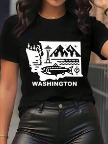 New Arrivals For Summer. Women's T-Shirt With A Print Of The Washington State Map, The Space Needle, Mountains, Fish, And Trees. Round Neck, Casual Everyday Wear, Soft And Comfortable, Perfect For Vacations. - 黑色 - 查看 12