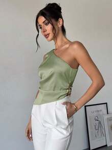 Blusa plisada elegante, romántica y de estilo sexy sin mangas, adecuada para fiestas, vacaciones y uso diario - verde menta - Ver 5