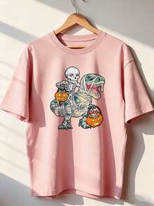 Halloween T-Shirt With Skeleton And Dinosaur Mummy, Fashionable Short-Sleeved T-Shirt For Spring And Summer 2026, Made In Mexico, 180 Grams. Cartoon Print, Couple Design, Suitable For Indoor Or Outdoor Wear. Crew Neck, Unisex, Ideal For Office And Leisure. One-Piece Pack. - PK-P631577SLNDXZGY564 - 查看 1