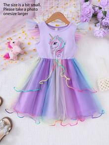 Young Girls' Spring/Summer Cartoon Unicorn Cap Sleeve Ombre Colorful Mesh Princess Dress, Cute & - Purple - View 2