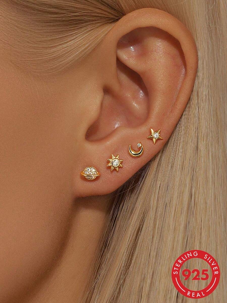 4pcs/Set Star & Moon 925 Sterling Silver Hypoallergenic Women's Stud Earrings, Sweet Style, Suitable For Wedding Bride Jewelry