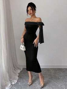 Vestido largo elegante y ajustado de color negro con hombros descubiertos y nudo - Negro 2 - Ver 6