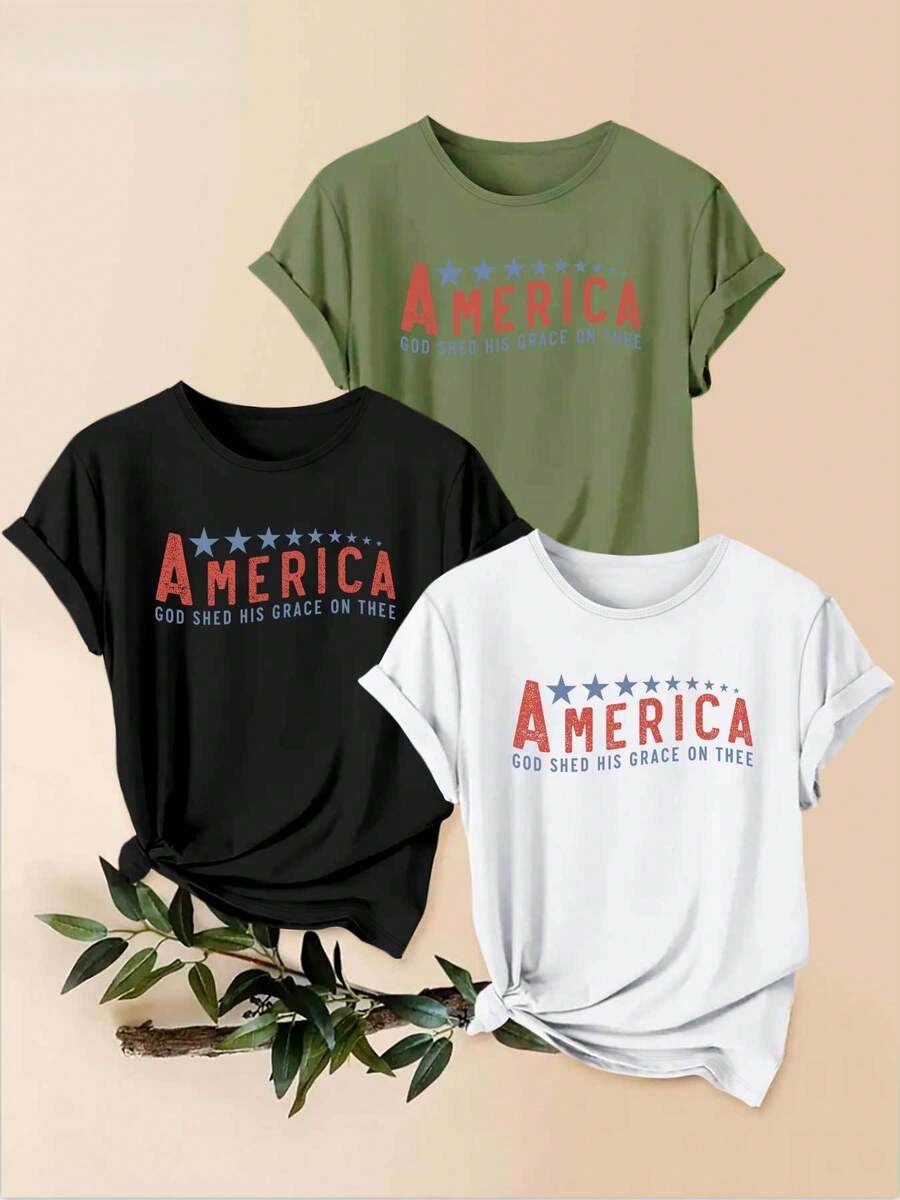Women's T-Shirts, 1-Piece Set With Letter Print And Star Embellishments. A Beautiful, Elegant, Casual, And Sporty Women's Garment, Ideal For Holiday Gifts, Machine Washable, Short-Sleeved Top With A Round Neck. - 1件黑色隨機圖案 - 查看 1
