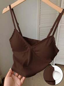 Camisilla sin mangas casual de verano para mujer con parches de encaje en unicolor - Café integral - Ver 8