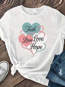 Women's Short Sleeve T-Shirts With Multicolor Heart Print, Women's Clothing, Women's Summer Clothing, Casual Short Sleeve T-Shirts, Round Neck Printed T-Shirts - 白色 - 查看 1