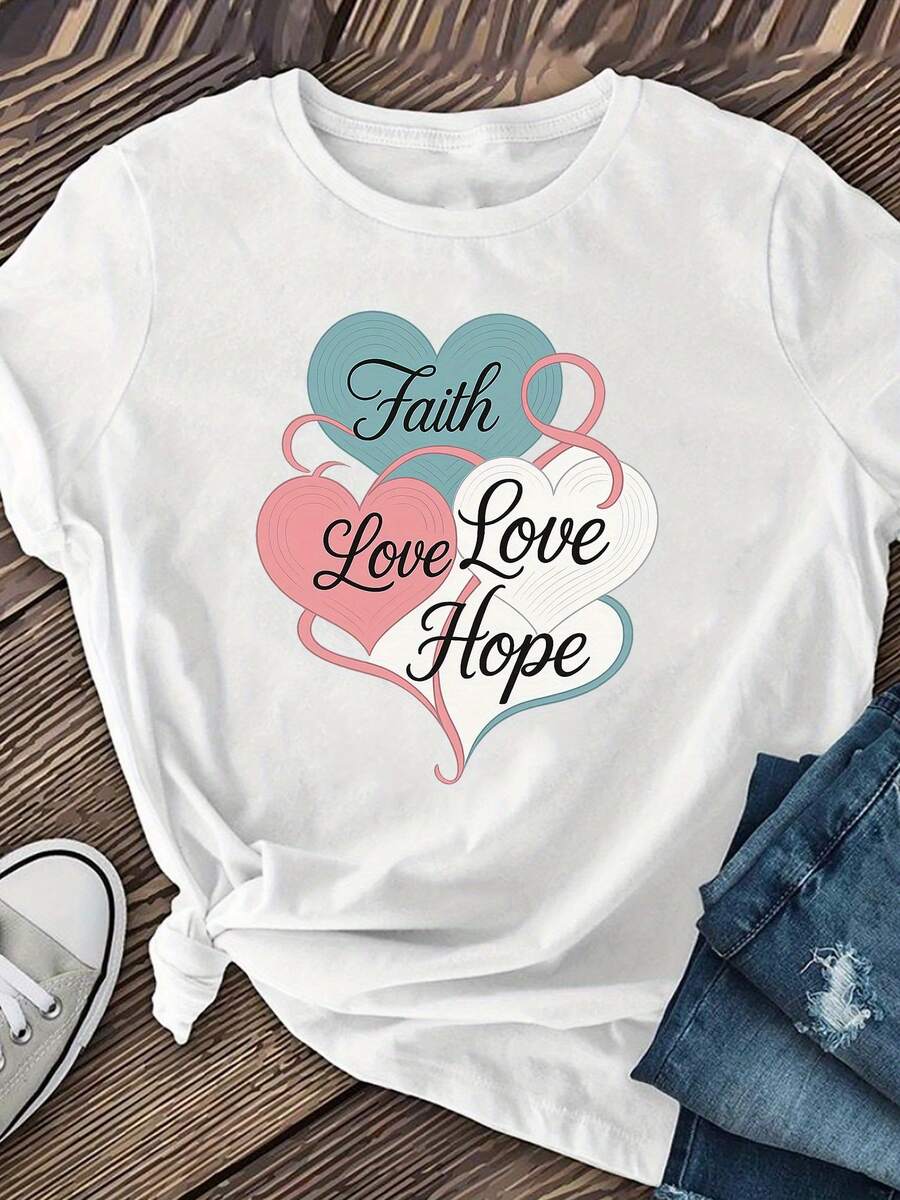 Women's Short Sleeve T-Shirts With Multicolor Heart Print, Women's Clothing, Women's Summer Clothing, Casual Short Sleeve T-Shirts, Round Neck Printed T-Shirts - 白色 - 查看 1