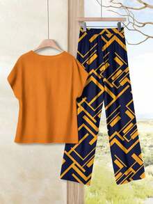 2 piezas Conjunto ajustado de mujer con estampado geométrico de bloques de color, adecuado para primavera y verano, apropiado para salir, casual - Multicolor 3 - Ver 2