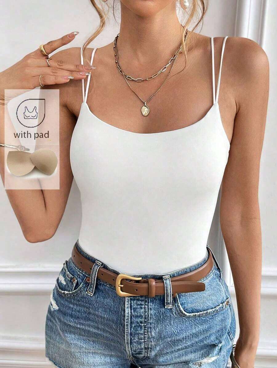 Camiseta de tirantes delgados de un solo color para mujer, simple y de moda para el verano - Blanco - Ver 1