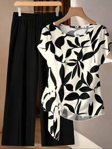 Conjunto de 2 piezas de camisa de manga corta holgada con lazo y pantalones rectos holgados, de estilo vintage elegante y versátil, con estampado floral azul sobre base blanca, adecuado para otoño/invierno, cómodo y cálido - Multicolor 4 - Ver 2