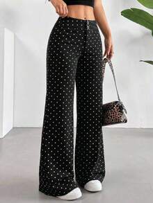 Pantalones de cintura alta sólidos con pierna recta y acampanada - Negro 2 - Ver 1