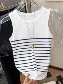 Camiseta de tirantes casual y versátil con cuello redondo y ribete acanalado a rayas para mujer - Multicolor 3 - Ver 3