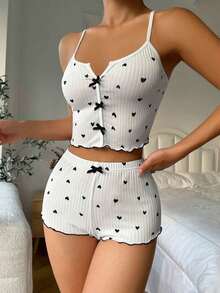 pijama / Pijama con estampado de corazón, ribete contrastante y lazo delantero - Blanco 2 - Ver 5