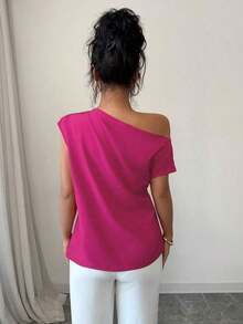 Blusa de unicolor con cuello asimétrico y plisado a la moda para mujeres - Rosa Fucsia - Ver 2