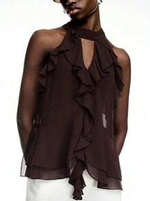 Elegant Solid Color Halter Top With Ruffles For Women - 軍綠色 - 查看 2