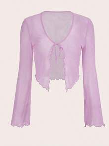 Top de malla con mangas acampanadas, abertura frontal con nudo, y ribete de lechuga.Top casual de mujer de ajuste regular, con cuello en V, mangas acampanadas con volante, y efecto colorblock en negro.Prenda de mujer sencilla para primavera/o - Púrpura malva - Ver 1