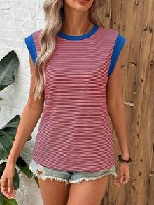 Camiseta casual de mujer con bloques de color y rayas, de verano - Rojo - Ver 3