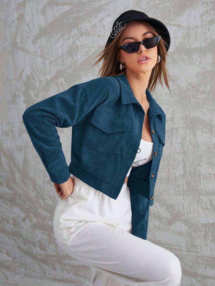 Women's Plain Drop Shoulder Long Sleeve Single Breasted Cargo Pockets Casual Jacket Fall Winter Cloth For Women - Teal Blue - View 1