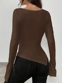 Suéter de invierno para mujer con escote pronunciado, se puede usar con cuello asimétrico, bajo asimétrico, top de punto. - Marrón - Ver 7