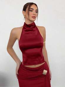 Top de satén sin espalda con cuello alto para mujer, ideal para fiestas - Burdeos - Ver 2