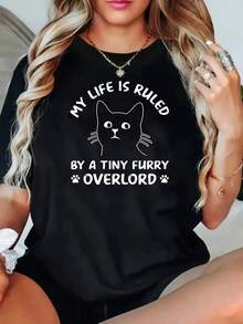 Camiseta casual de talla grande con estampado de gato, tejido de punto, cuello redondo, mangas cortas, ligeramente elástica, tejido de punto, patrón geométrico, corte holgado, adecuada para primavera y verano. - Negro - Ver 1