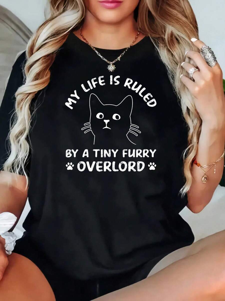 Camiseta casual de talla grande con estampado de gato, tejido de punto, cuello redondo, mangas cortas, ligeramente elástica, tejido de punto, patrón geométrico, corte holgado, adecuada para primavera y verano. - Negro - Ver 1