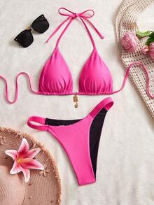 Conjunto de bikini reversible con estampado de lunares en contraste, con escote halter y nudo en la espalda, de estilo dulce y sexy, para vacaciones en la playa - Multicolor - Ver 4