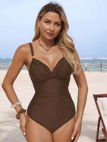 Traje de baño de una pieza con control de abdomen y acolchado, elegante y maduro, para mujer, color negro - Marrón - Ver 3