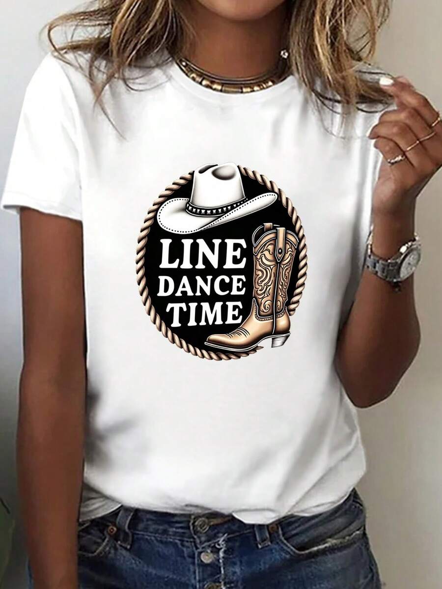 Camiseta de Mujer con Estampado de Sombrero de Vaquero "LINE DANCE TIME" - Conjunto de Baile Lineal al Estilo Western, Manga Corta y Cuello Redondo, Top Casual para Verano y Primavera con Diseño de Vaquero, Ropa Western Lavable a Máquina para Eventos de Baile y Outfits Diarios - [Blanco] - Ver 1